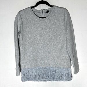 J. Crew Grey Crew Neck Long Sleeve Top W Fringe Hem S
